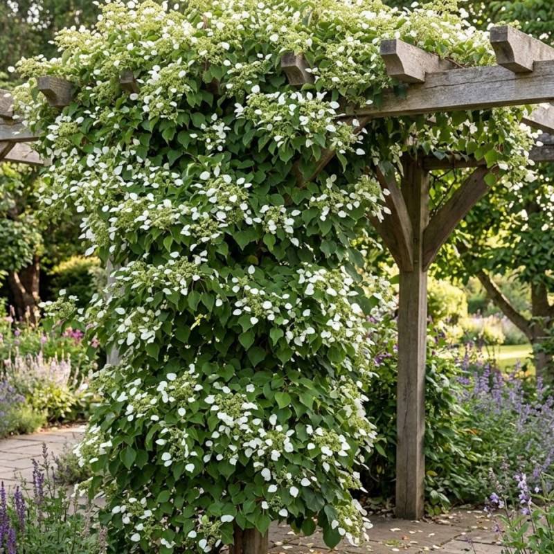 Hortensia grimpant hydrangeoïdes à fleurs Blanche - feuillage Caduc - Pot de 3L - Echelle bambou 60/120 cm- hauteur à maturité De 3,00 m à 5,00 m - Image 3