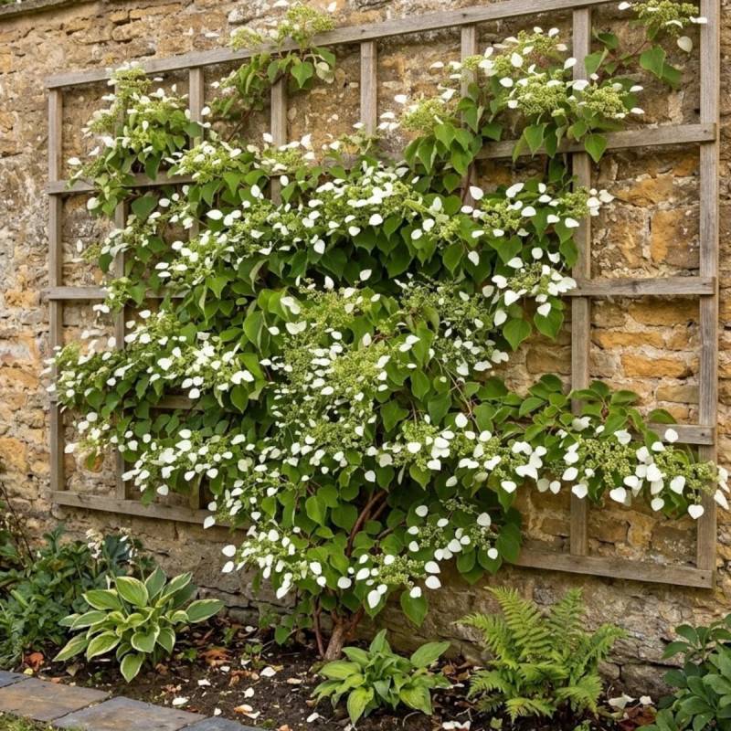 Hortensia grimpant hydrangeoïdes à fleurs Blanche - feuillage Caduc - Pot de 3L - Echelle bambou 60/120 cm- hauteur à maturité De 3,00 m à 5,00 m - Image 2