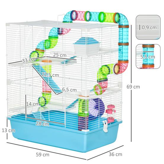 Grande cage en acier pour hamsters et rongeurs 5 niveaux avec tunnels 59x36x69cm bleu - ComfortXL Outdoor Living - Image 5