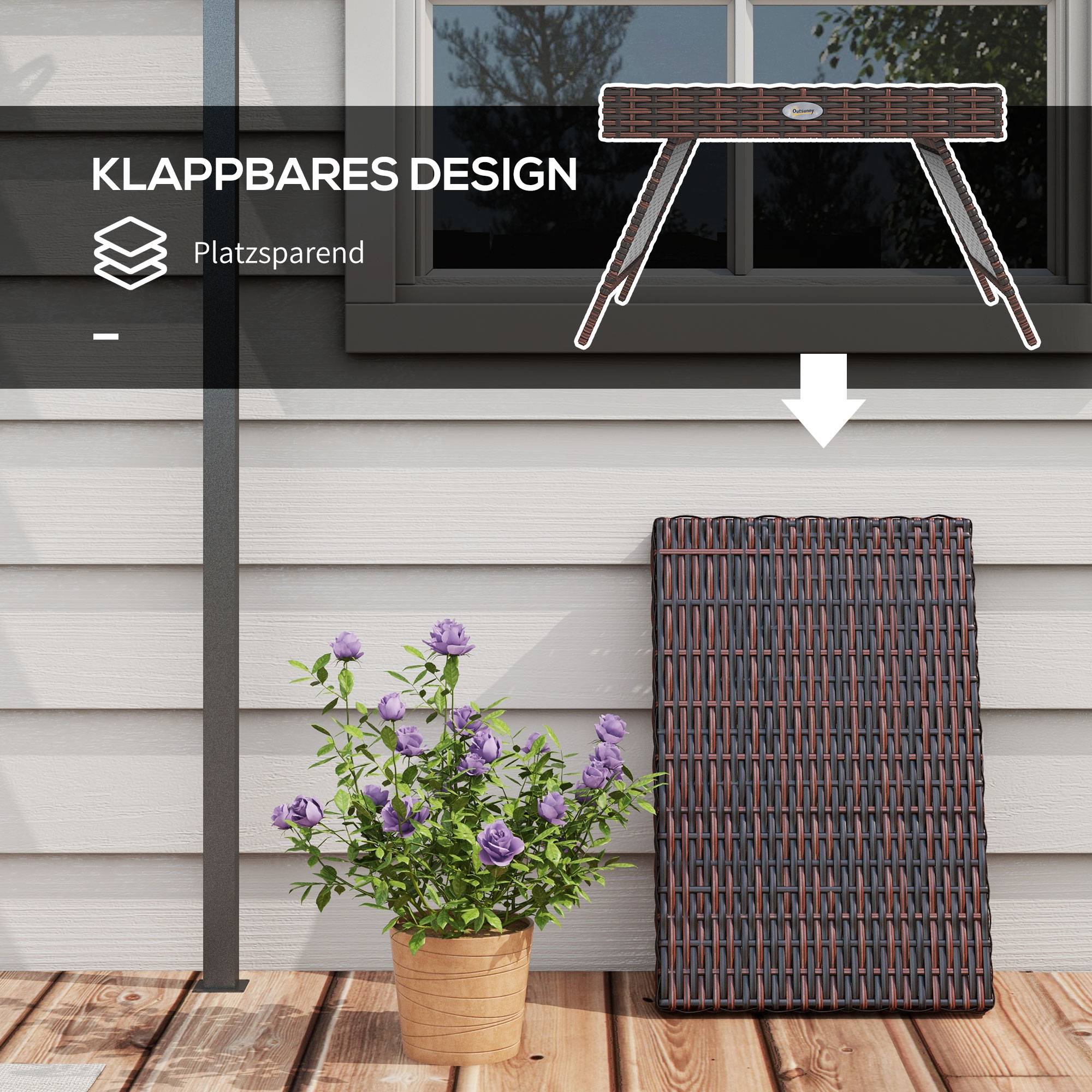 Table de jardin pliante en rotin résistante 60x41x41cm, marron, idéale pour balcon et terrasse - Image 6