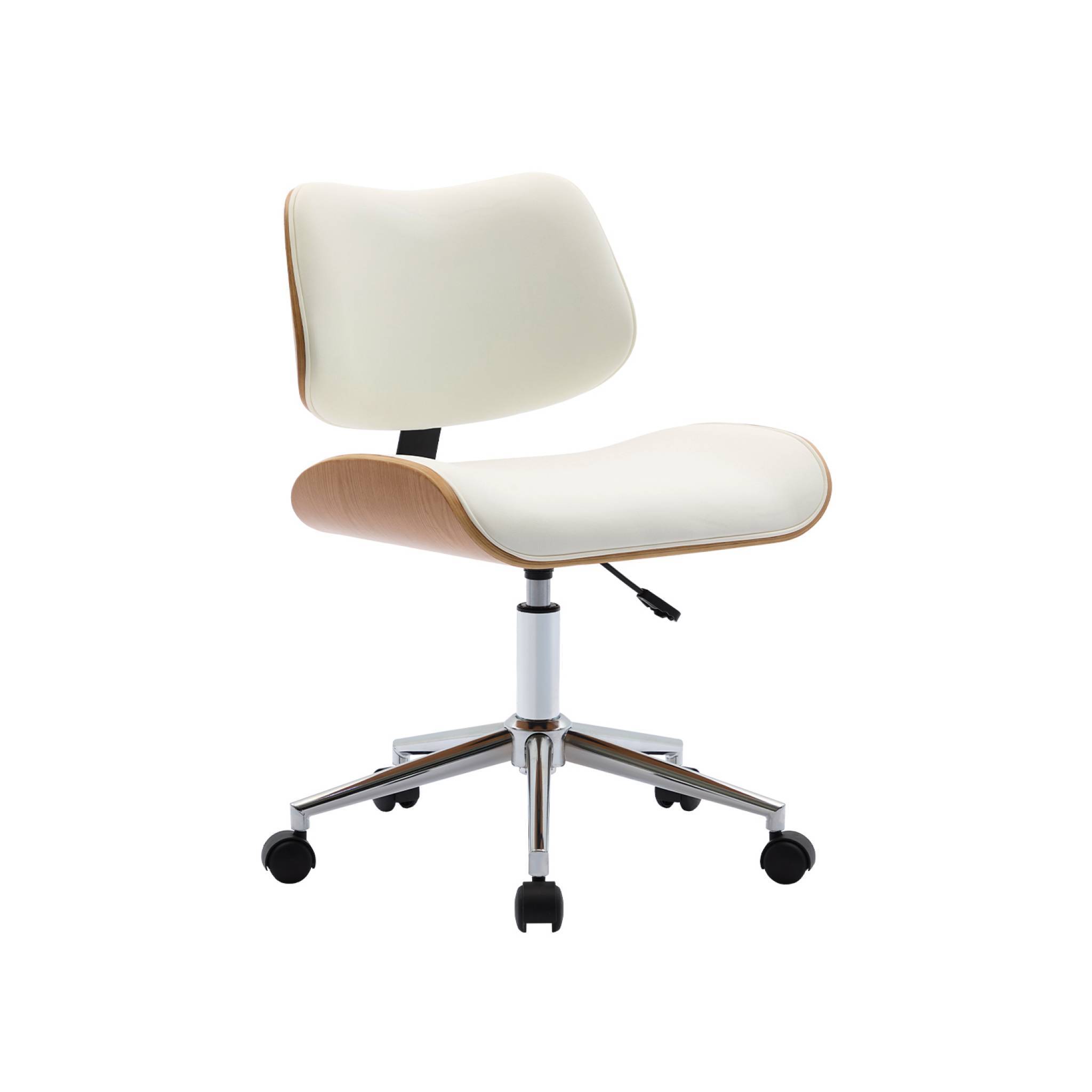 Chaise de bureau à roulettes décor bois courbé placage effet chêne et simili cuir blanc | sweeek - Image 2