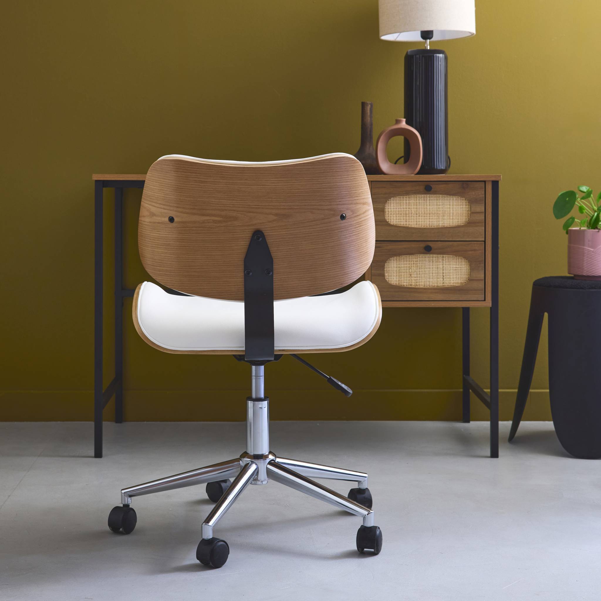Chaise de bureau à roulettes décor bois courbé placage effet chêne et simili cuir blanc | sweeek - Image 6