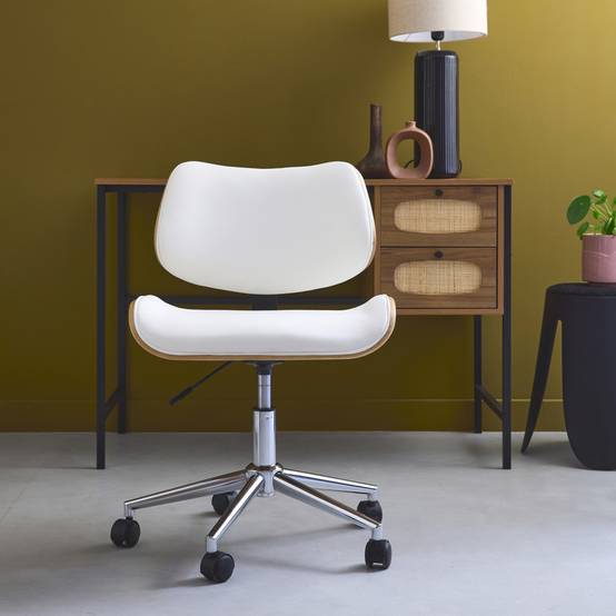 Chaise de bureau à roulettes décor bois courbé placage effet chêne et simili cuir blanc | sweeek - Image 1