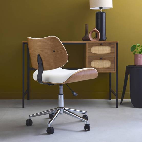 Chaise de bureau à roulettes décor bois courbé placage effet chêne et simili cuir blanc | sweeek - Image 5