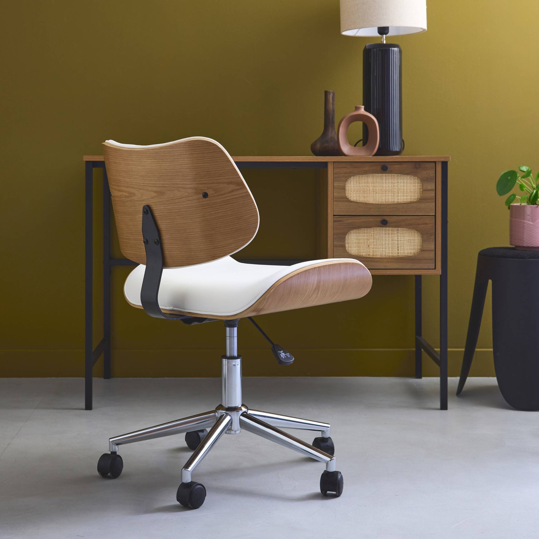 Chaise de bureau à roulettes décor bois courbé placage effet chêne et simili cuir blanc | sweeek - Image 5