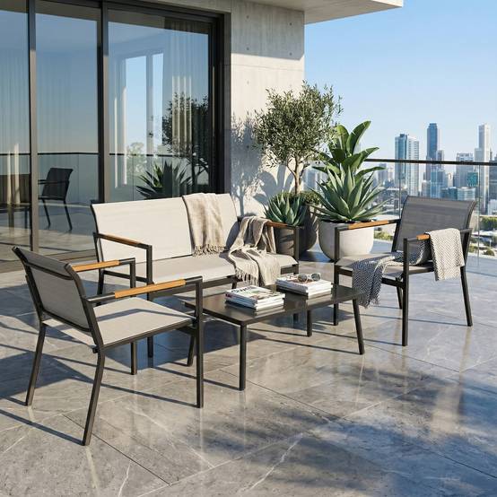 Salon de jardin respirant pour 4 personnes avec canapé 2 places, fauteuils et repose-pieds en métal pour extérieur - Image 2