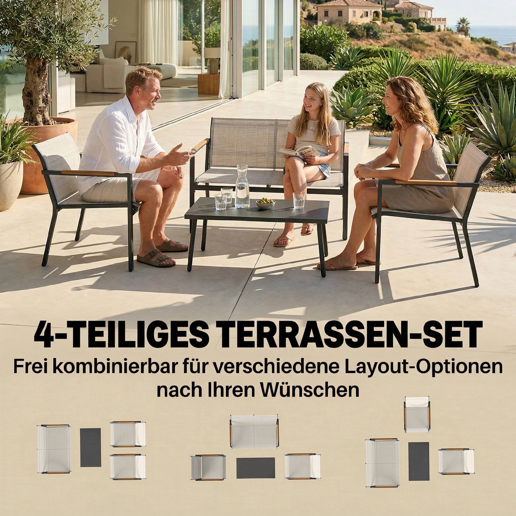 Salon de jardin respirant pour 4 personnes avec canapé 2 places, fauteuils et repose-pieds en métal pour extérieur - Image 4
