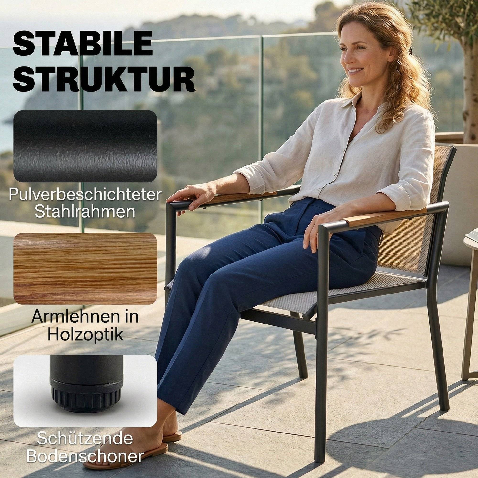Salon de jardin respirant pour 4 personnes avec canapé 2 places, fauteuils et repose-pieds en métal pour extérieur - Image 6