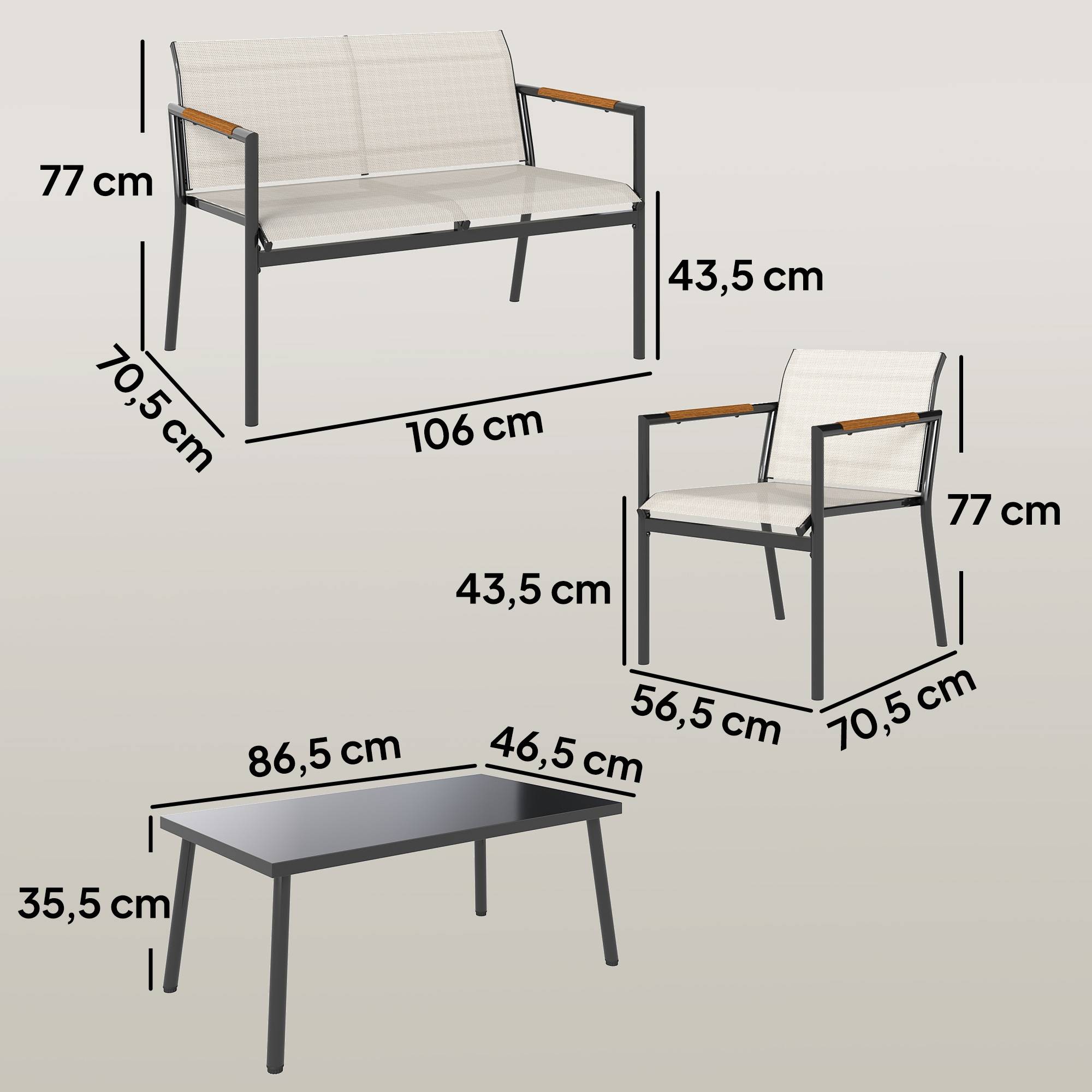 Salon de jardin respirant pour 4 personnes avec canapé 2 places, fauteuils et repose-pieds en métal pour extérieur - Image 3
