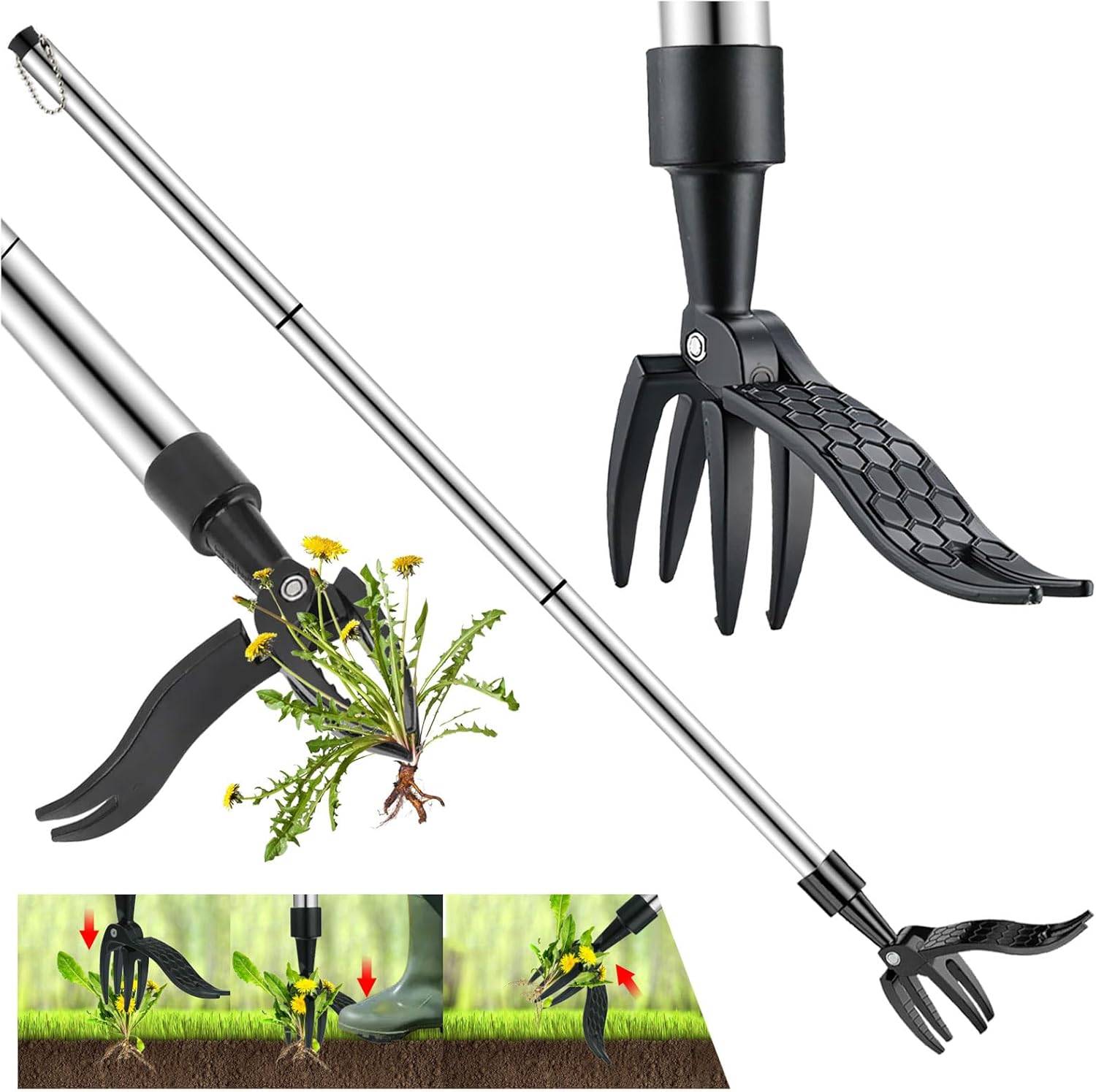 Désherbeur manuel télescopique, Arrache-Mauvaises Herbes 100Cm Avec 3 Griffes En Inox Et Pédale D'Enlèvement - IntiMeg