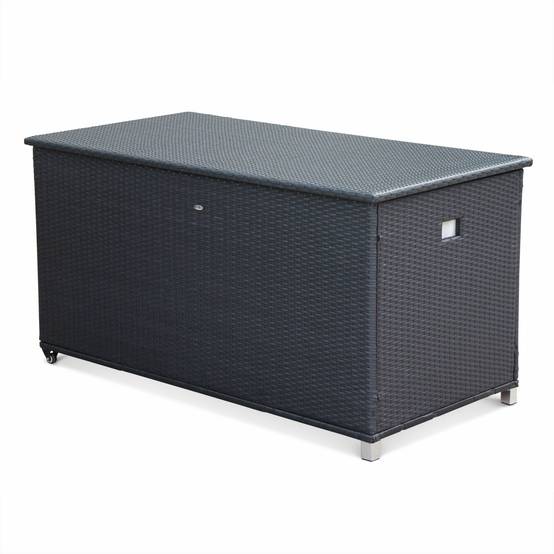 Coffre de jardin en résine tressée - Cassapanca Noir - 790L. vérins. roulettes. poignée et housse intérieure écrue. rangement coussins | sweeek - Image 2