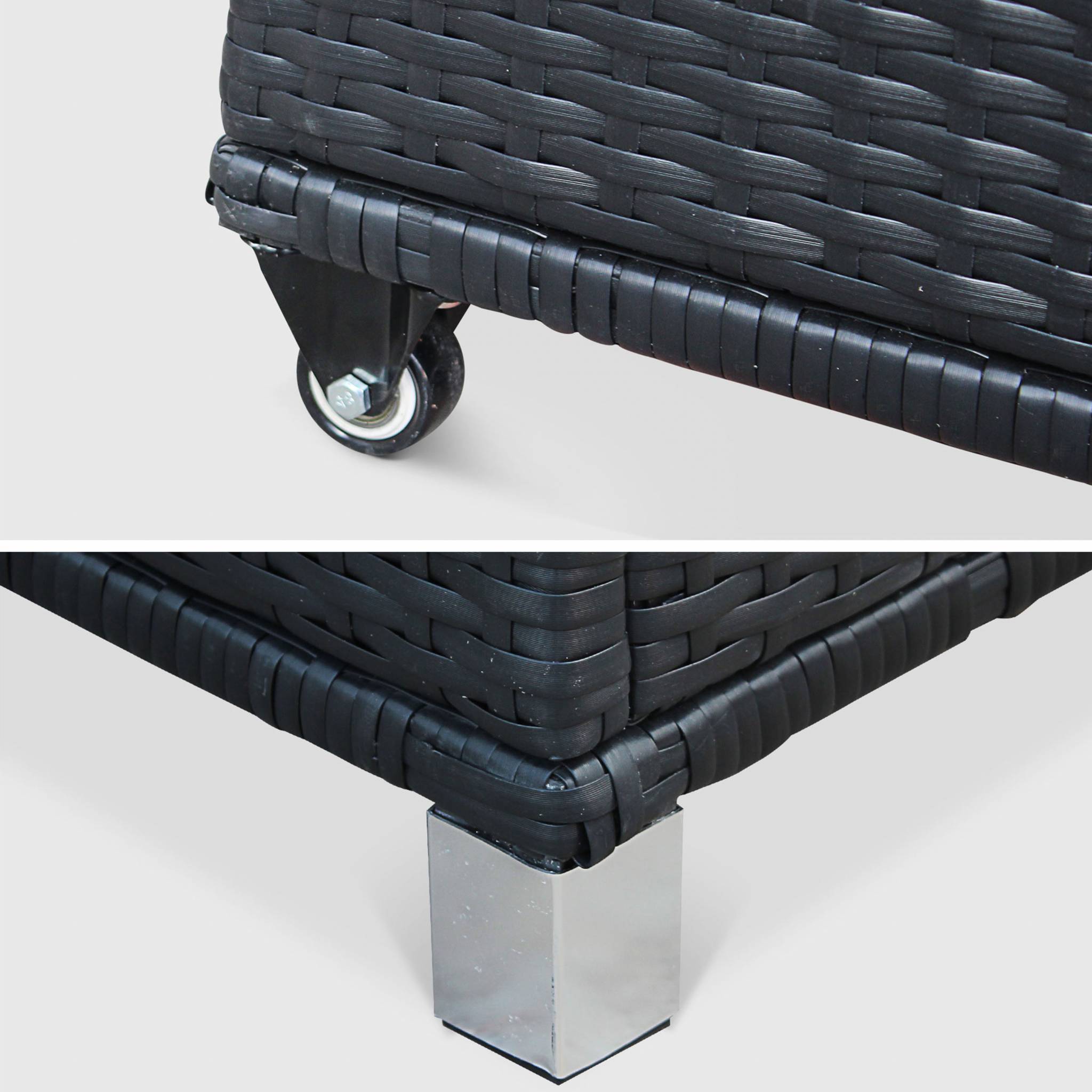 Coffre de jardin en résine tressée - Cassapanca Noir - 790L. vérins. roulettes. poignée et housse intérieure écrue. rangement coussins | sweeek - Image 6