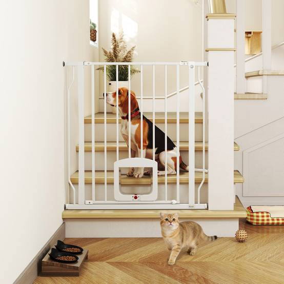 Barrière de sécurité pour chien avec petite porte pour escaliers et portes (75-85 cm) avec double verrouillage, blanche - Image 3