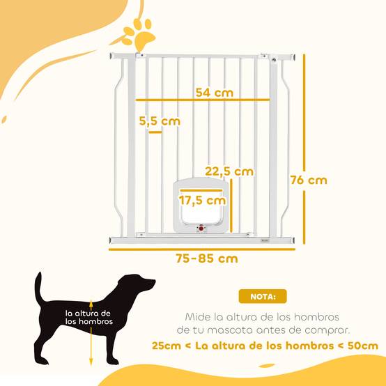 Barrière de sécurité pour chien avec petite porte pour escaliers et portes (75-85 cm) avec double verrouillage, blanche - Image 5
