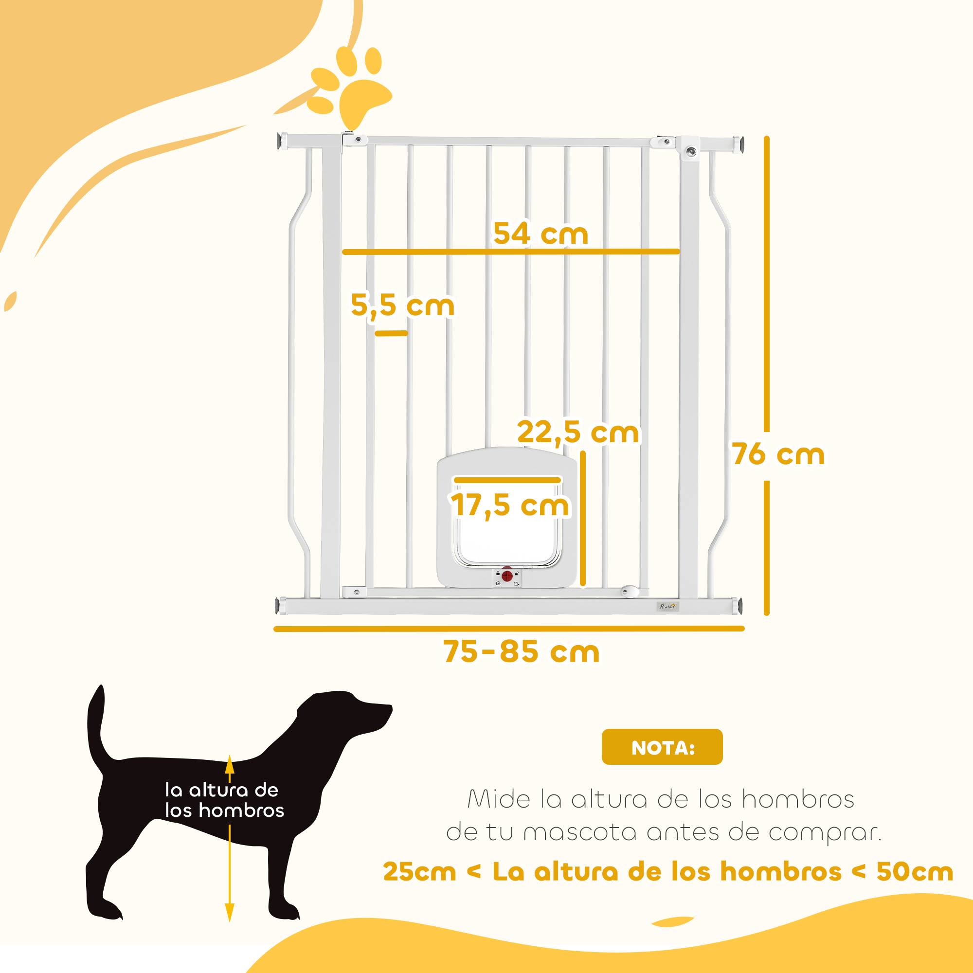 Barrière de sécurité pour chien avec petite porte pour escaliers et portes (75-85 cm) avec double verrouillage, blanche - Image 5