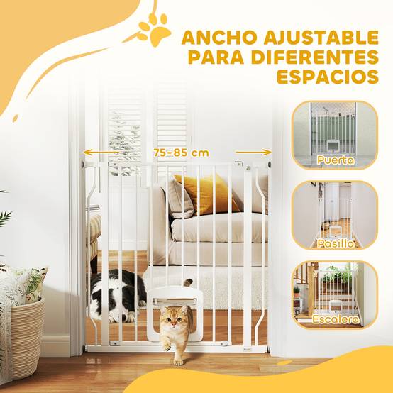Barrière de sécurité pour chien avec petite porte pour escaliers et portes (75-85 cm) avec double verrouillage, blanche - Image 6