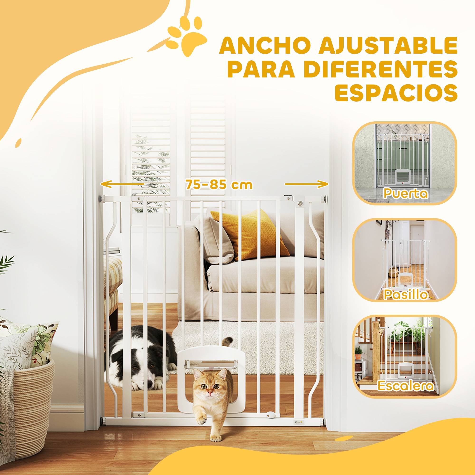 Barrière de sécurité pour chien avec petite porte pour escaliers et portes (75-85 cm) avec double verrouillage, blanche - Image 6