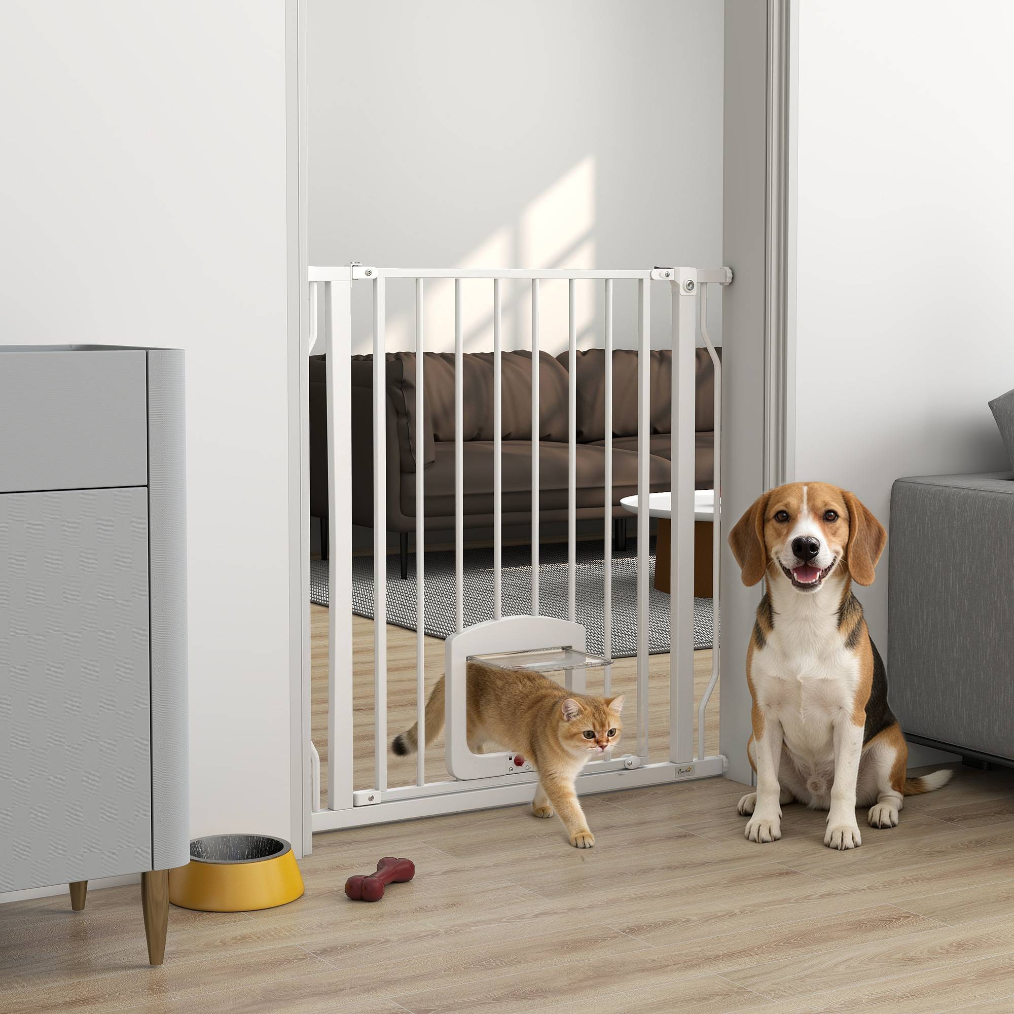 Barrière de sécurité pour chien avec petite porte pour escaliers et portes (75-85 cm) avec double verrouillage, blanche - Image 4