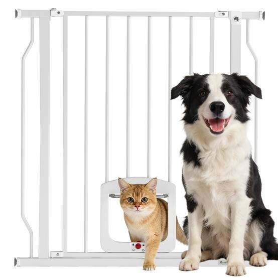 Barrière de sécurité pour chien avec petite porte pour escaliers et portes (75-85 cm) avec double verrouillage, blanche - Image 1