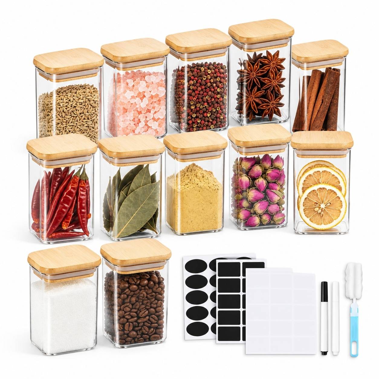 12 Pots Épices Verre Bambou avec Couvercles, Étiquettes et Marqueurs - Image 1