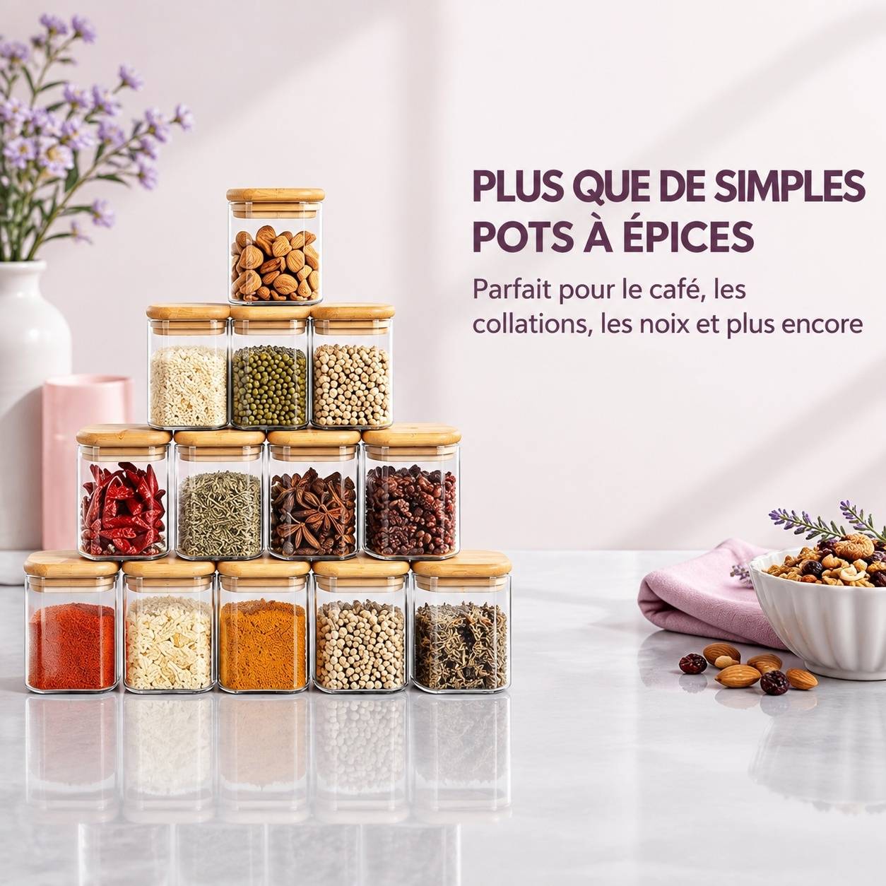 12 Pots Épices Verre Bambou avec Couvercles, Étiquettes et Marqueurs - Image 6
