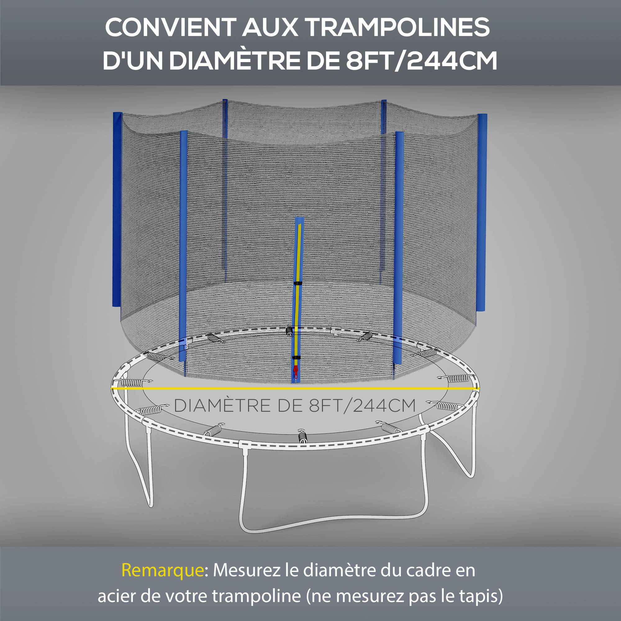 Sportnow - Filet de sécurité trampoline porte zipée Ø 244 cm 6 poteaux bleu noir - SPORTNOW - Imagen 4