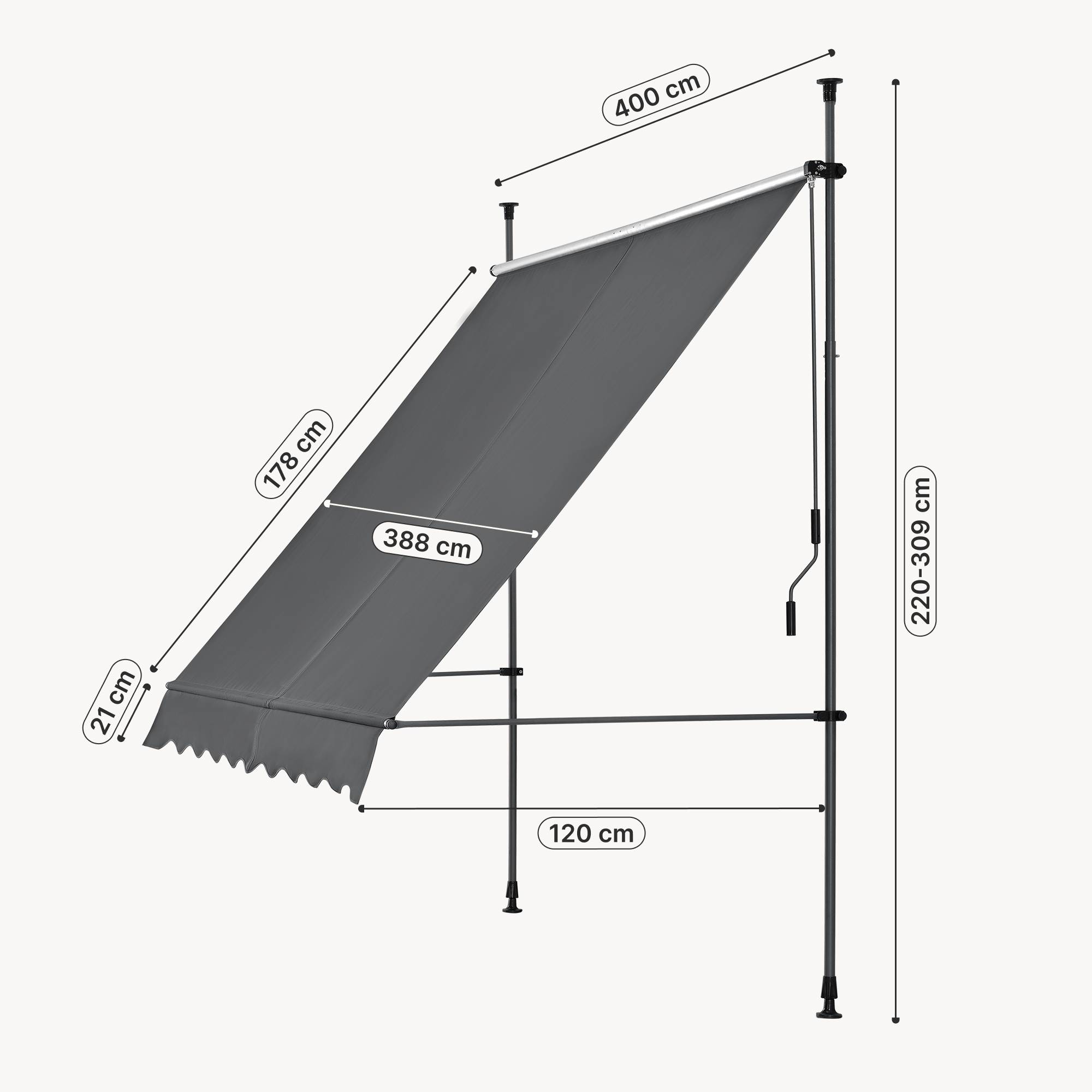 Pro.Tec - Store Banne Manuel Auvent Téléscopique 400 x 120 x 220-309 cm Gris [pro.tec] - Imagen 3