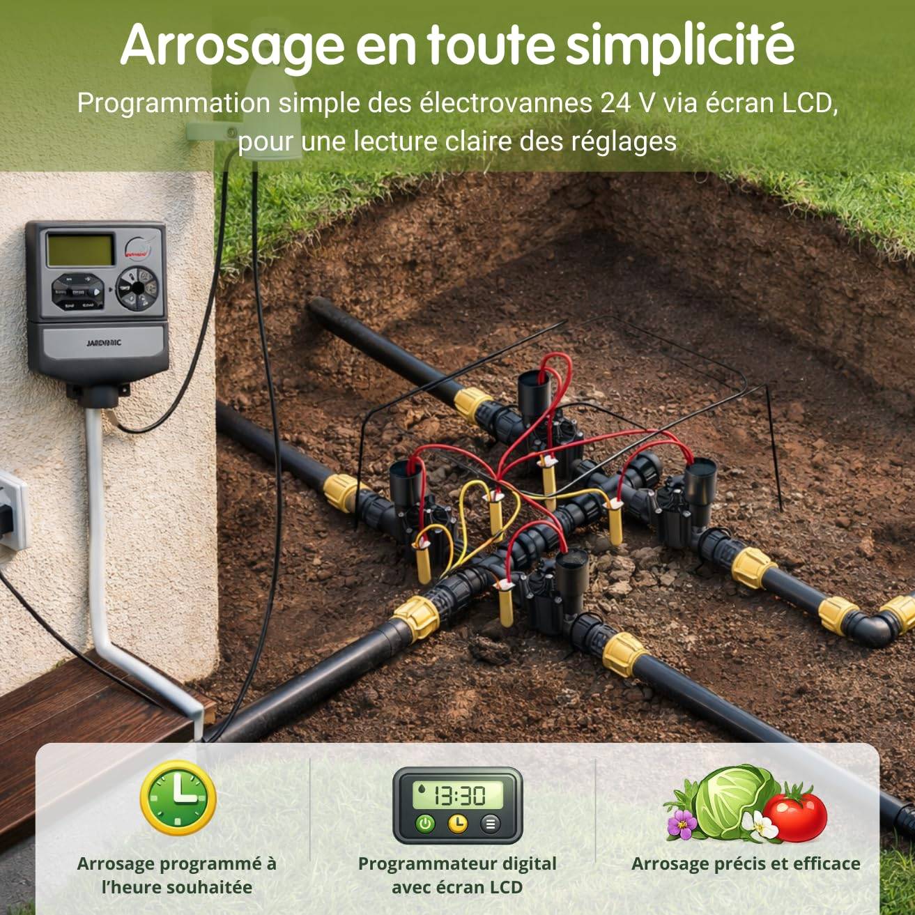 Jardibric - Jardibric - Programmateur Arrosage 24V 6 Voies - 2 Programmes Détecteur Pluie Relais Pompe Multi-Zones - Imagen 2