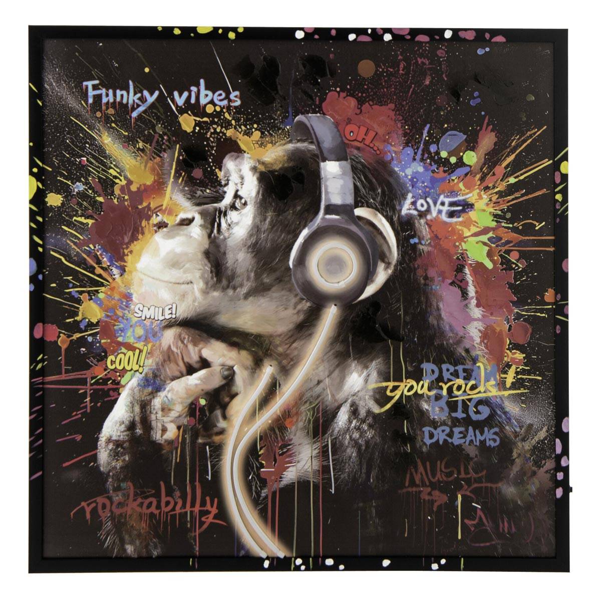 J-Line - Tableau à LED "Monkey Headphone" 83x83cm Multicolore - Image 1