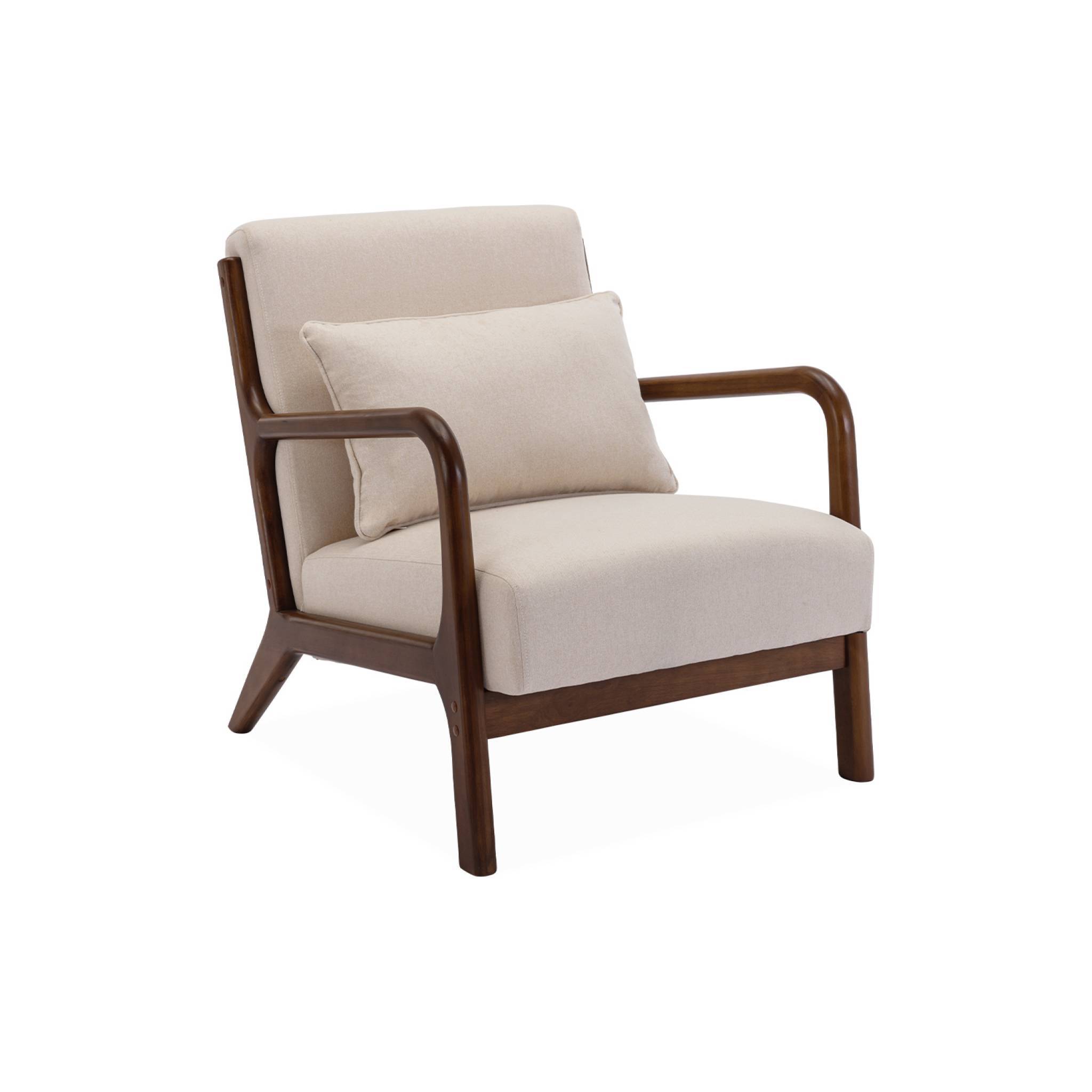 sweeek - Fauteuil tissu beige . pieds bois d'hévéa teinté noyer. 1 place droit fixe. pieds compas scandinave. structure en bois solide | sweeek - Image 2