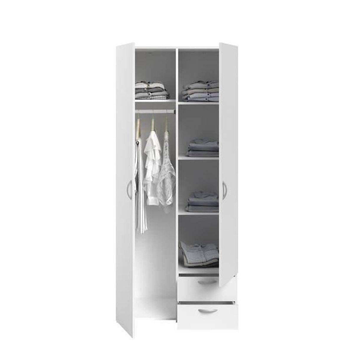 Armoire chambre VARIA décor blanc, 2 portes battantes + 2 tiroirs, 81x185x51 cm - Parisot - Image 4