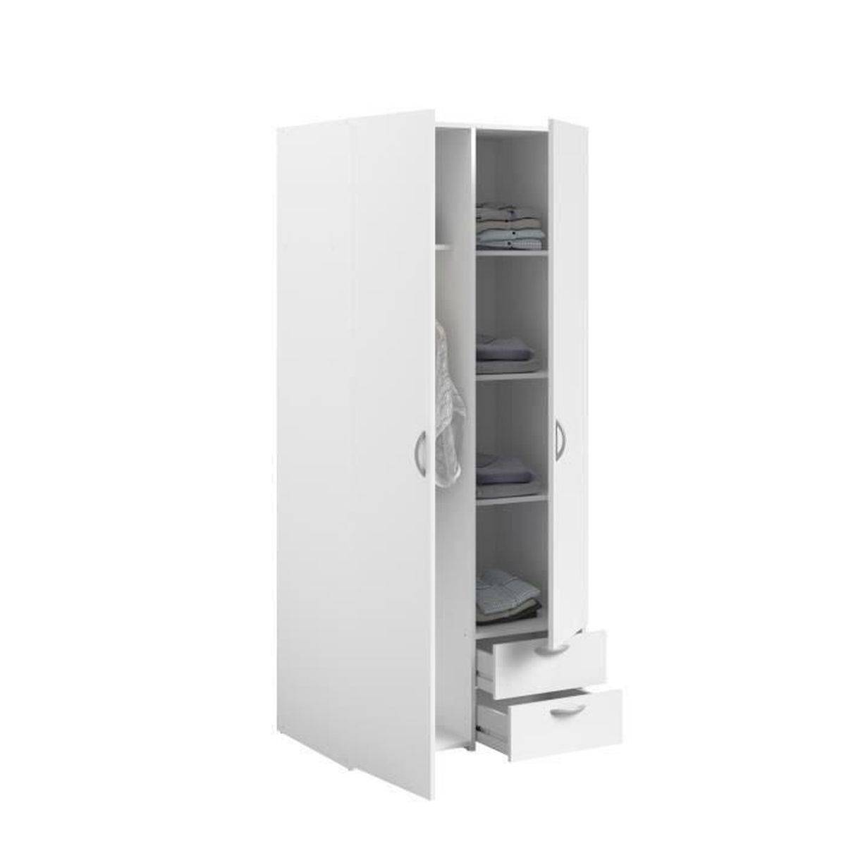 Armoire chambre VARIA décor blanc, 2 portes battantes + 2 tiroirs, 81x185x51 cm - Parisot - Image 7