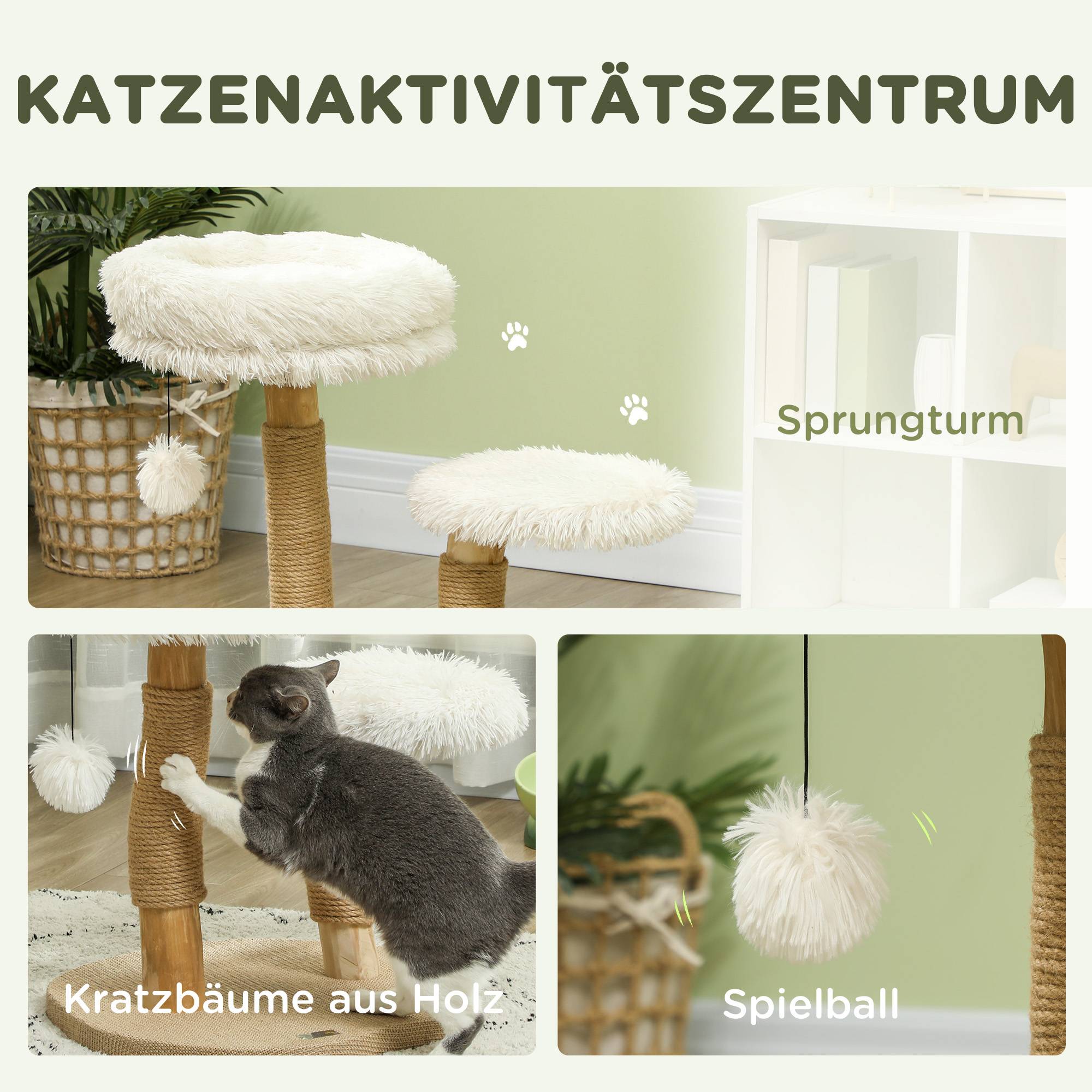 Arbre à chat 61,5cm avec balle de jeu, lits et planche à griffer, pour chats moins de 5kg, bois de poirier blanc - Image 4