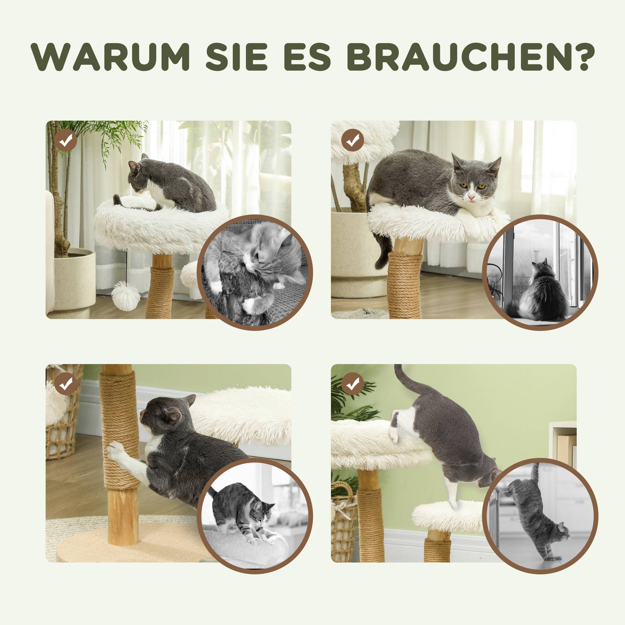 Arbre à chat 61,5cm avec balle de jeu, lits et planche à griffer, pour chats moins de 5kg, bois de poirier blanc - Image 6