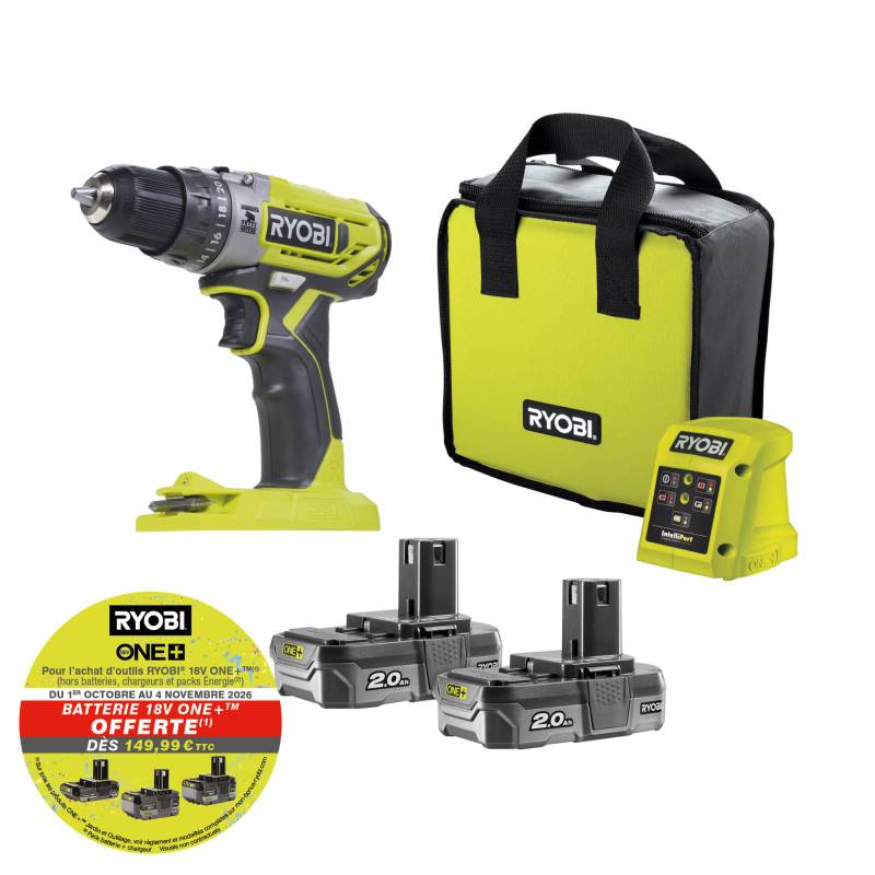 Ryobi - Perceuse-visseuse à percussion RYOBI One+ 18V - 2 batteries 2.0 Ah - 1 chargeur - R18PD2-220S - Image 2