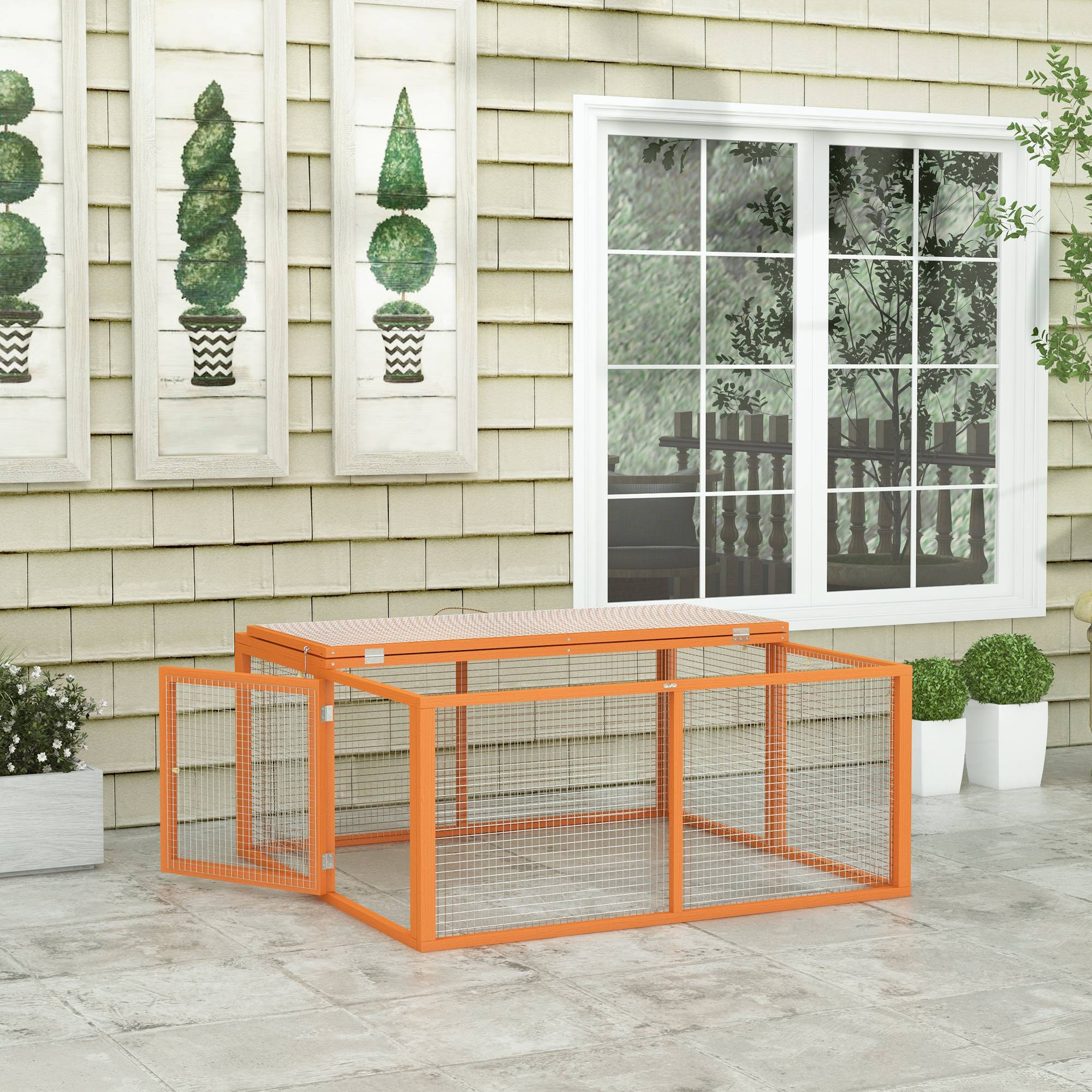 Clapier lapin extérieur pliable bois grand parc grillagé ouvertures 110x105x50cm - ComfortXL Outdoor Living - Image 9