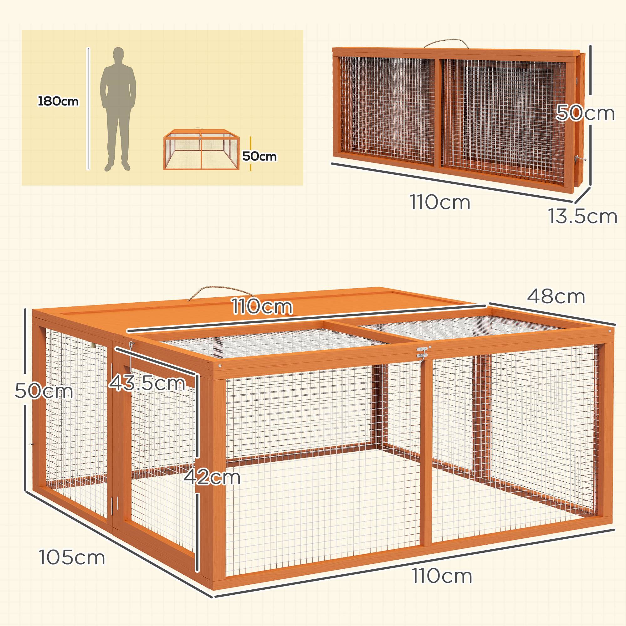 Clapier lapin extérieur pliable bois grand parc grillagé ouvertures 110x105x50cm - ComfortXL Outdoor Living - Image 5