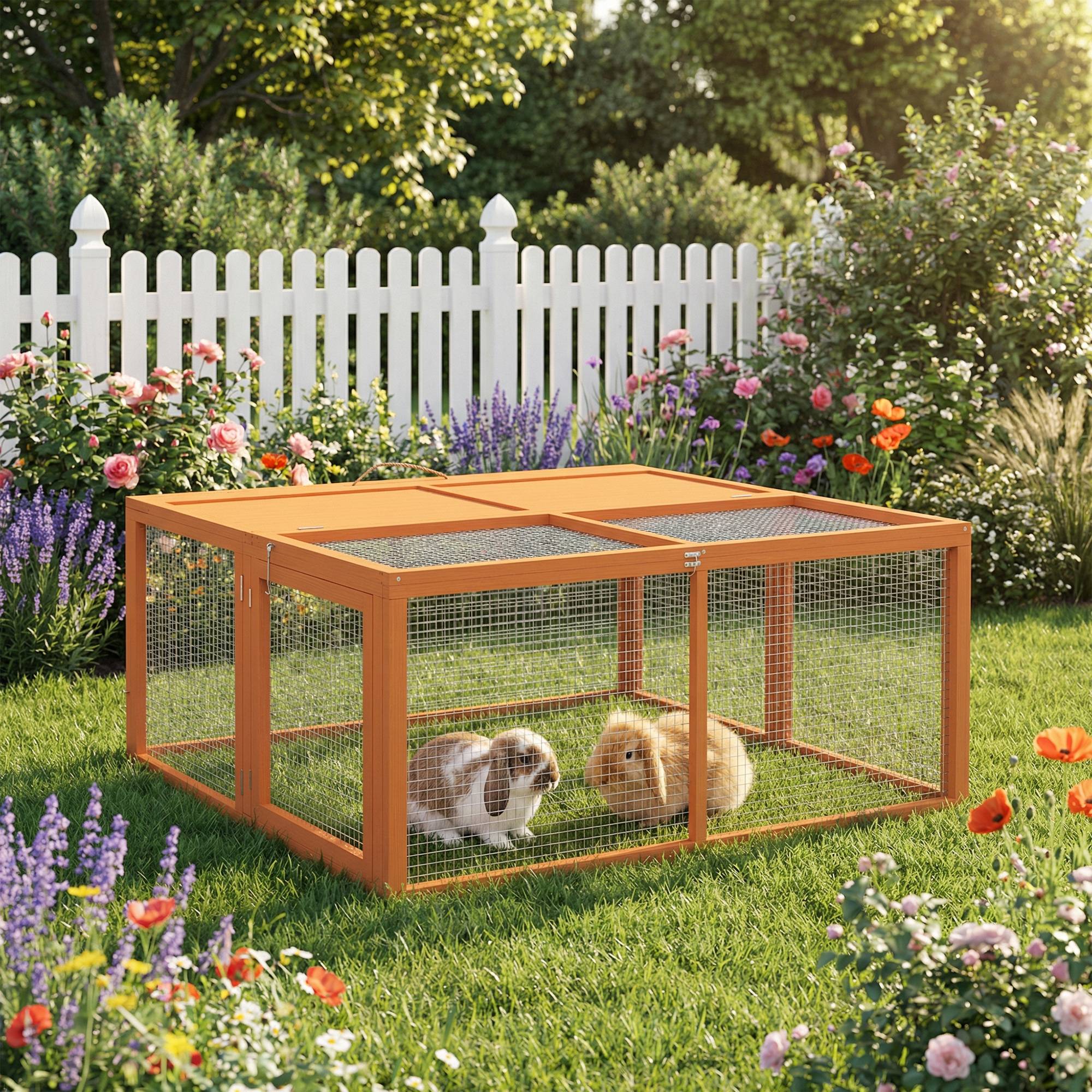 Clapier lapin extérieur pliable bois grand parc grillagé ouvertures 110x105x50cm - ComfortXL Outdoor Living - Image 4