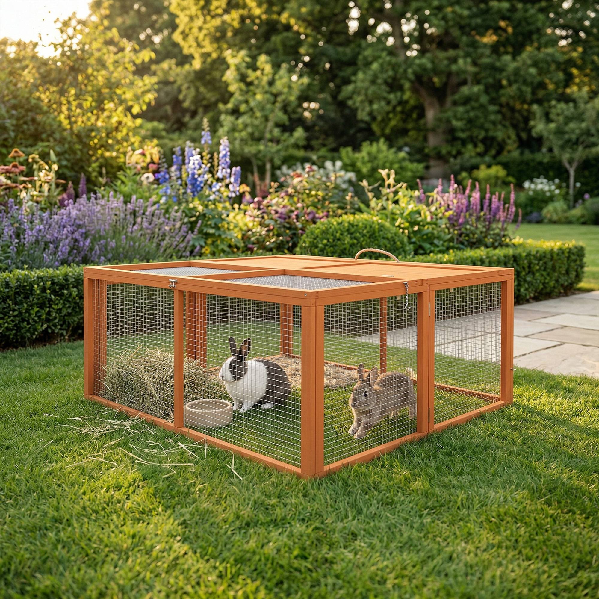 Clapier lapin extérieur pliable bois grand parc grillagé ouvertures 110x105x50cm - ComfortXL Outdoor Living - Image 3