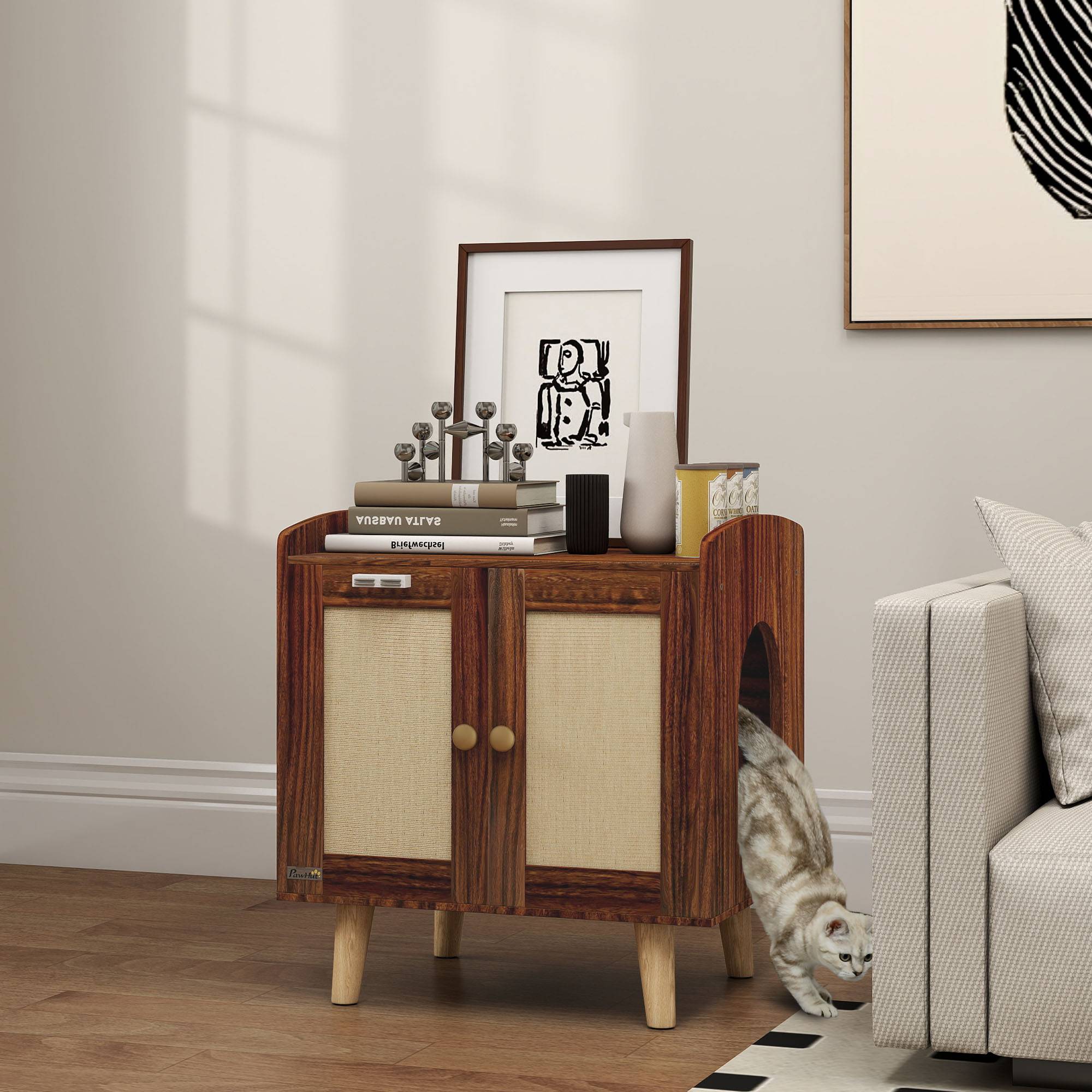 Meuble de rangement avec porte et tapis en sisal pour litière pour chat, idéal pour le salon ou la chambre (55 x 43 x 59,6 cm, marron). - Image 4