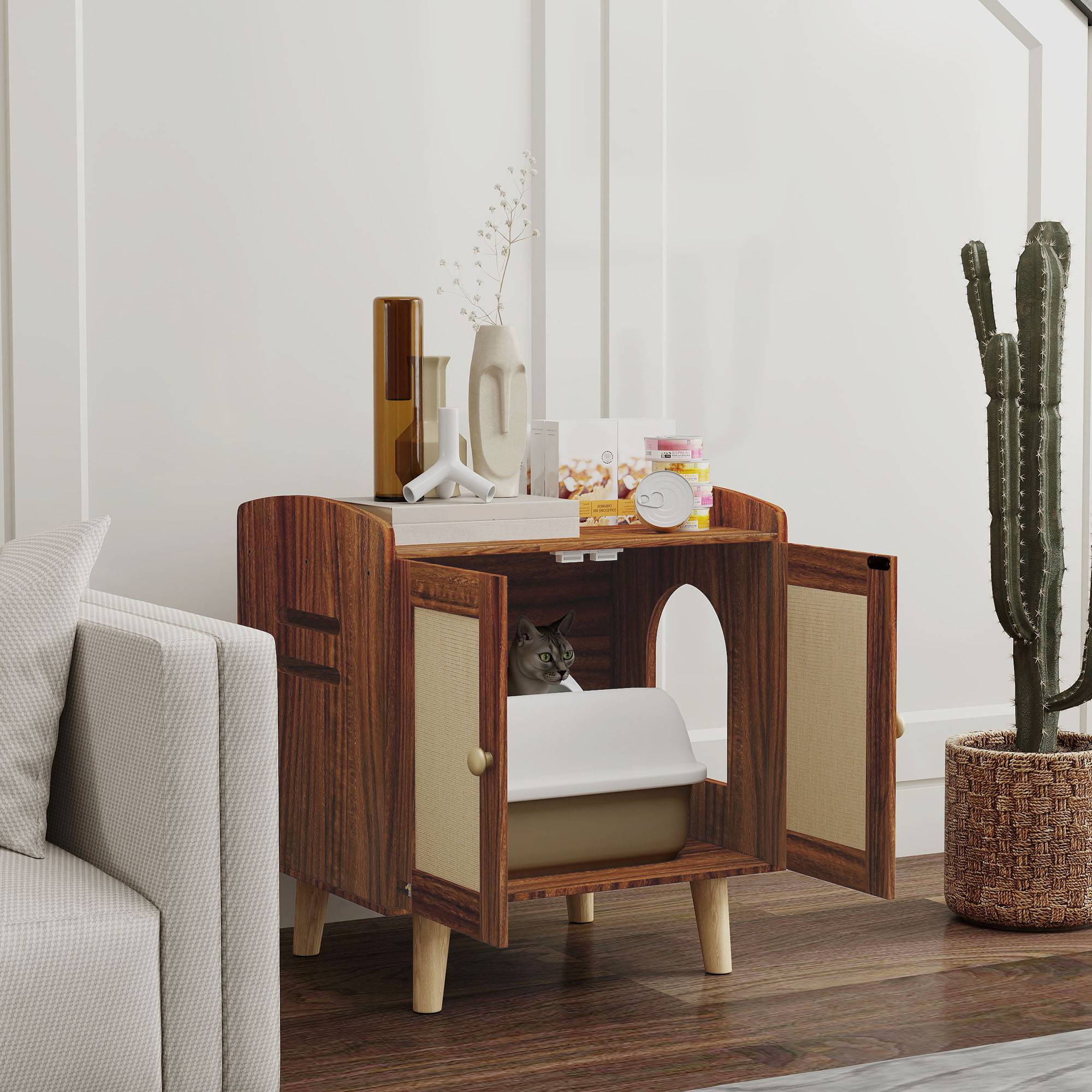 Meuble de rangement avec porte et tapis en sisal pour litière pour chat, idéal pour le salon ou la chambre (55 x 43 x 59,6 cm, marron). - Image 3
