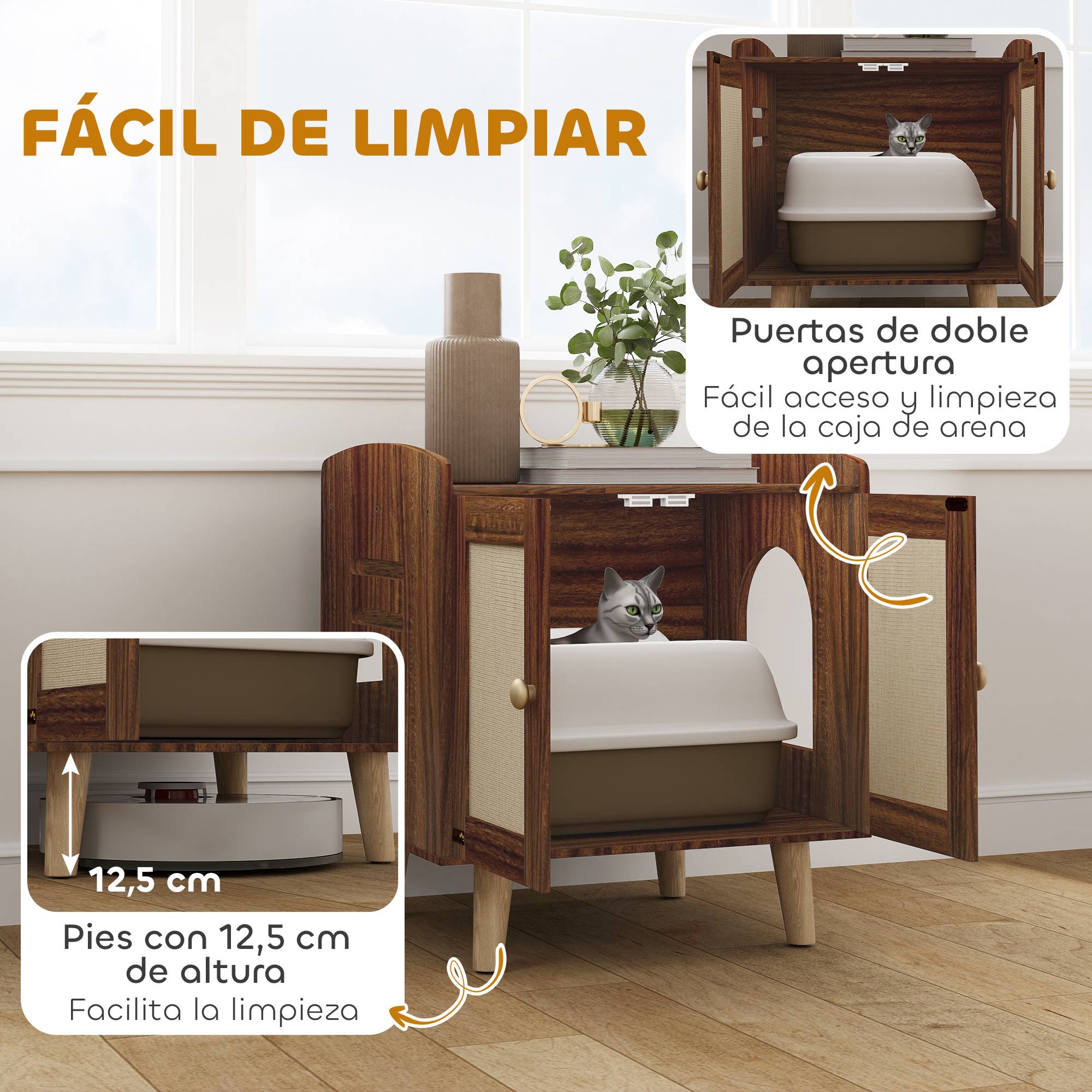 Meuble de rangement avec porte et tapis en sisal pour litière pour chat, idéal pour le salon ou la chambre (55 x 43 x 59,6 cm, marron). - Image 9