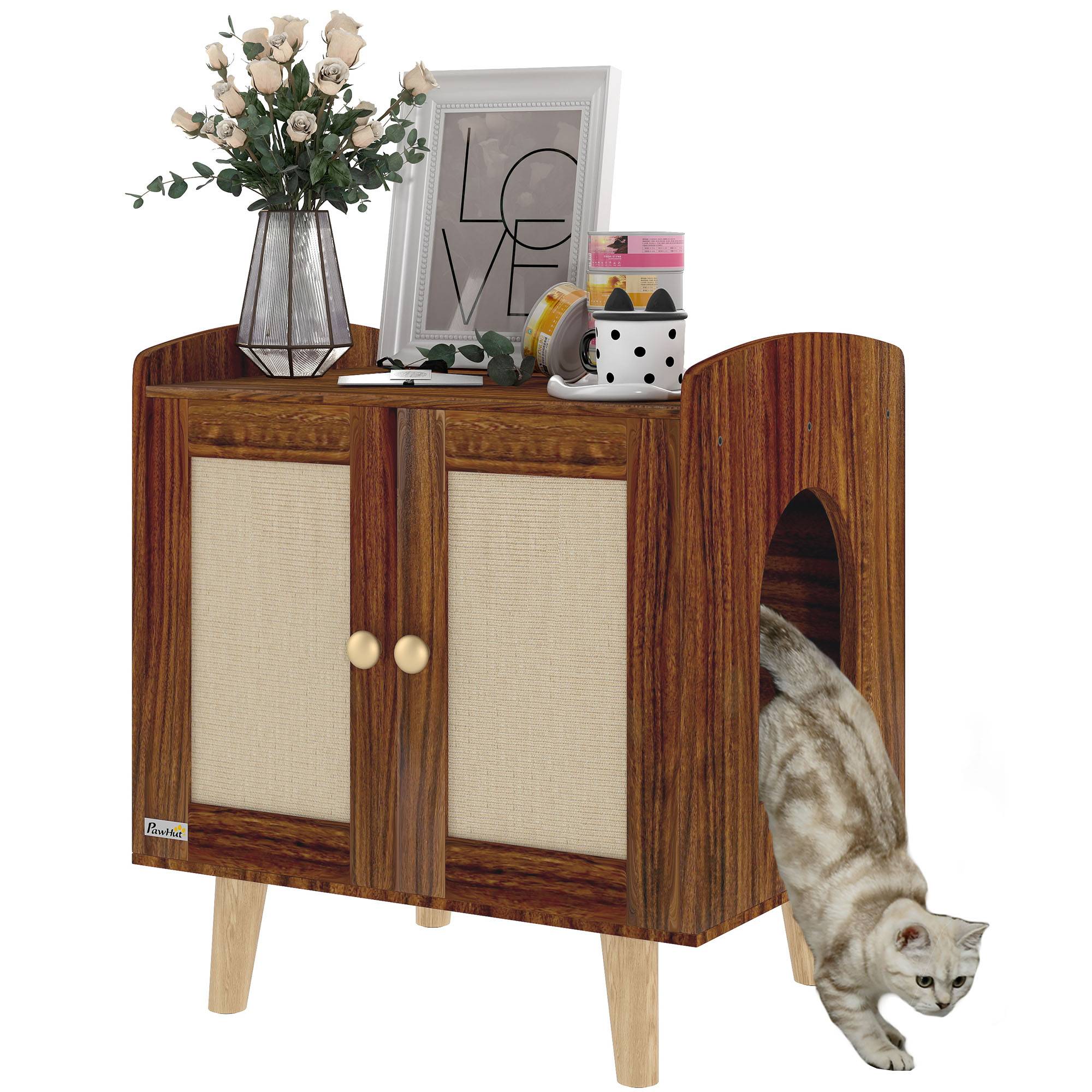 Meuble de rangement avec porte et tapis en sisal pour litière pour chat, idéal pour le salon ou la chambre (55 x 43 x 59,6 cm, marron). - Image 1