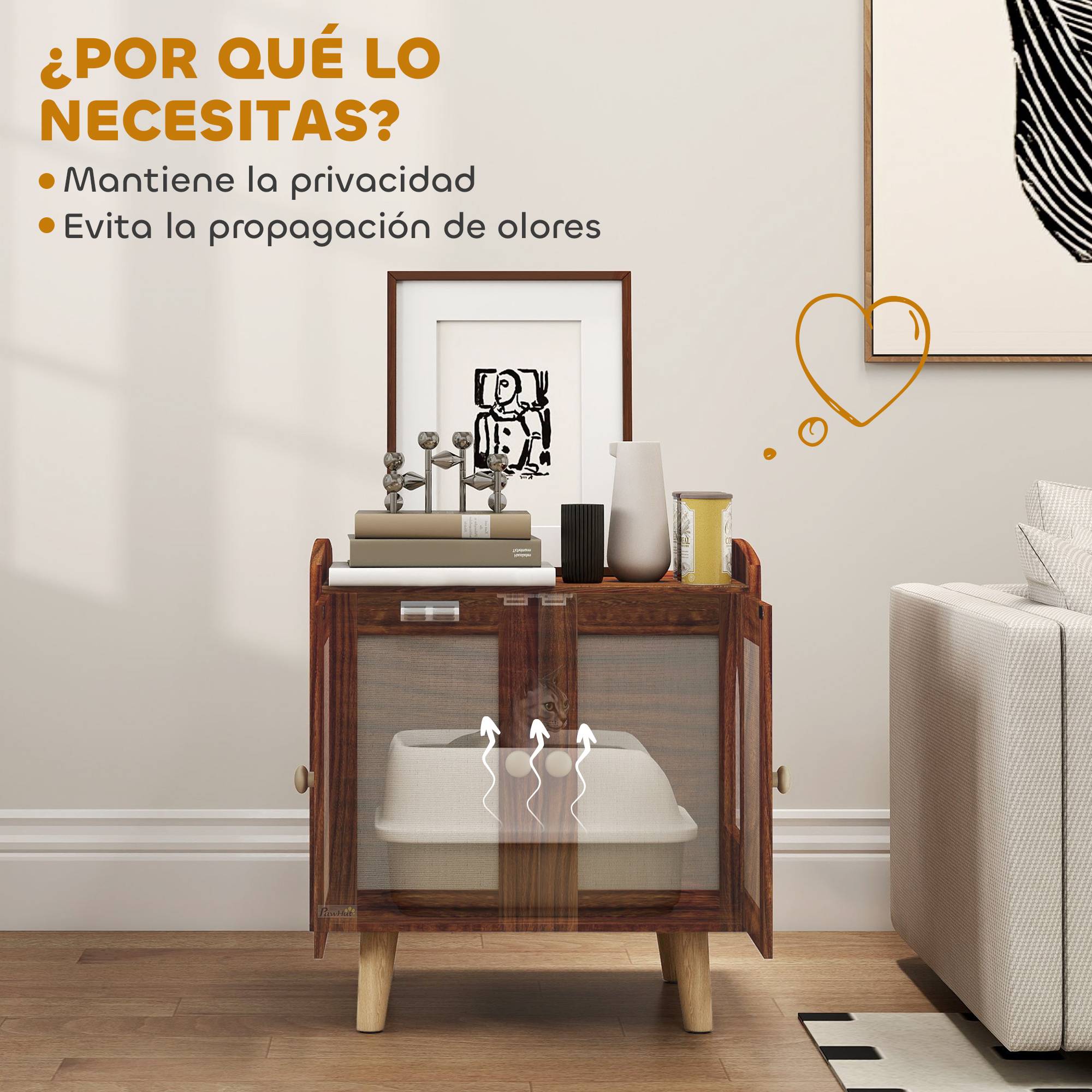 Meuble de rangement avec porte et tapis en sisal pour litière pour chat, idéal pour le salon ou la chambre (55 x 43 x 59,6 cm, marron). - Image 7