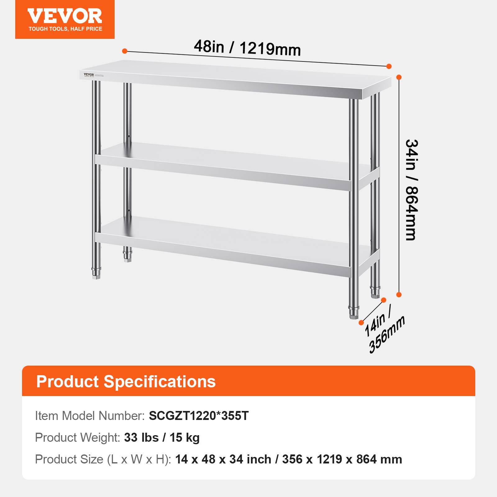 VEVOR Poste travail cuisine métal 14"x48"x34". 2 étagères inférieures réglables, inox. Pour barbecue, garage. - Image 7