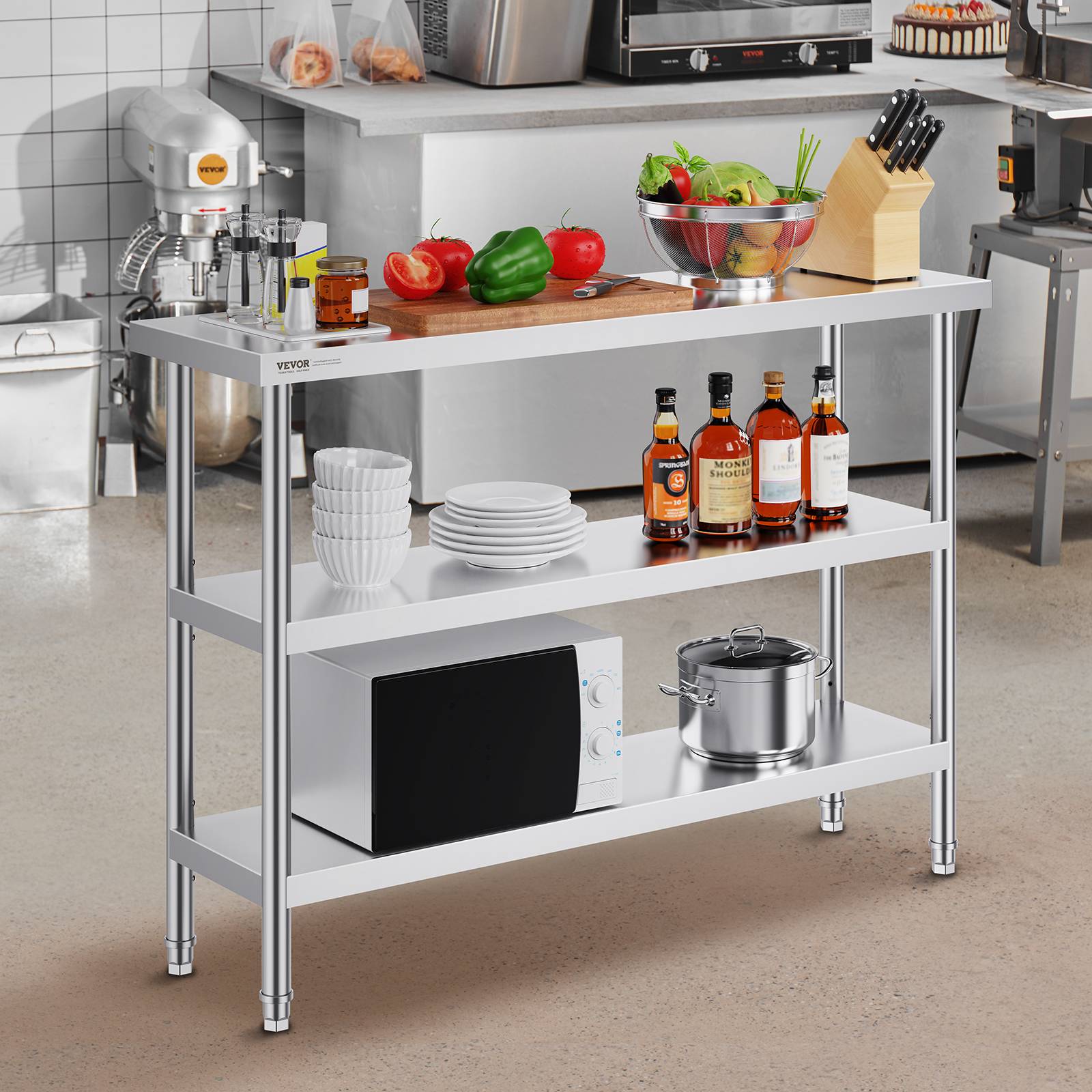VEVOR Poste travail cuisine métal 14"x48"x34". 2 étagères inférieures réglables, inox. Pour barbecue, garage. - Image 8