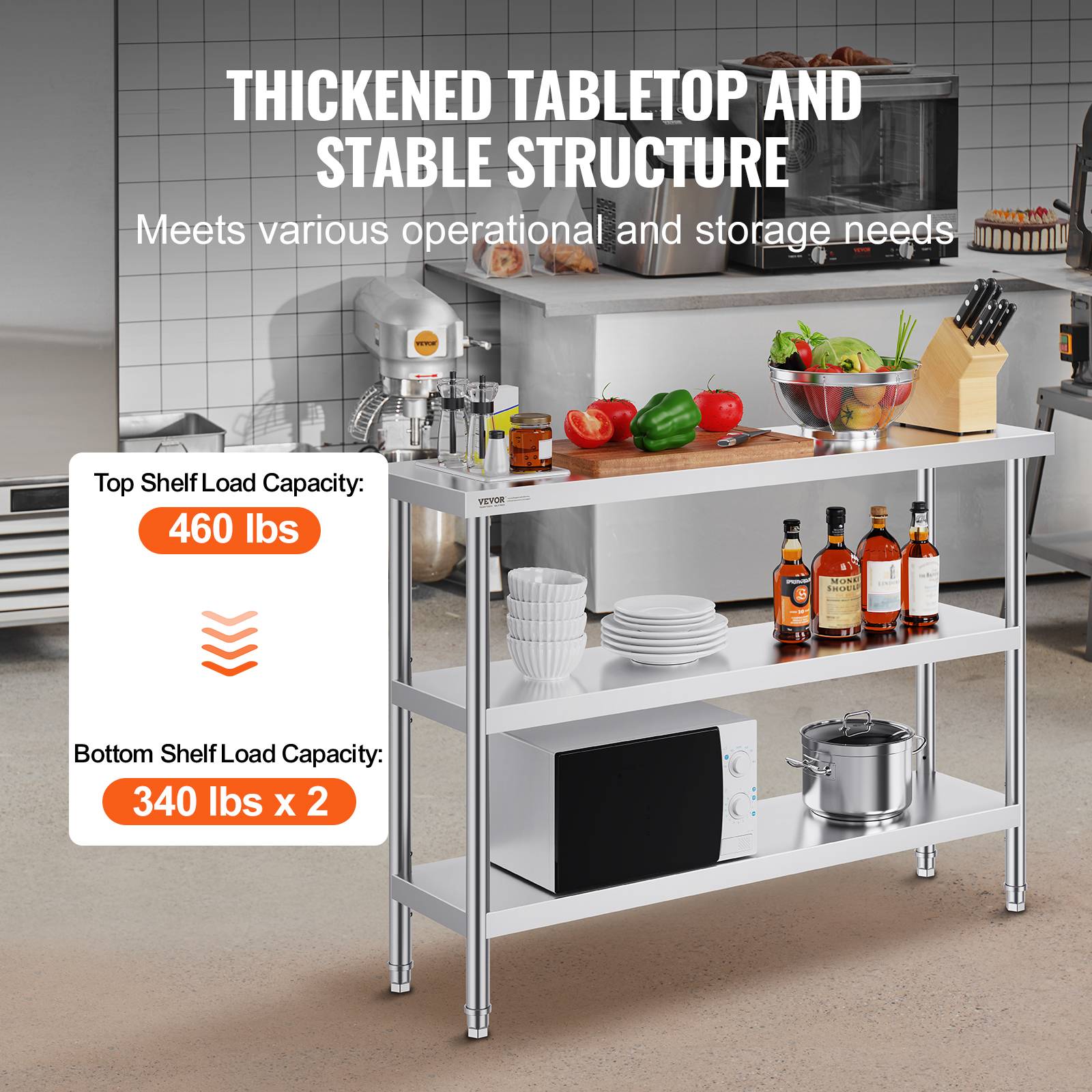VEVOR Poste travail cuisine métal 14"x48"x34". 2 étagères inférieures réglables, inox. Pour barbecue, garage. - Image 3