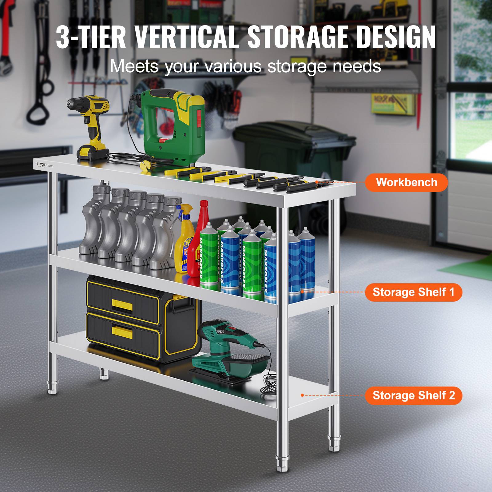 VEVOR Poste travail cuisine métal 14"x48"x34". 2 étagères inférieures réglables, inox. Pour barbecue, garage. - Image 4