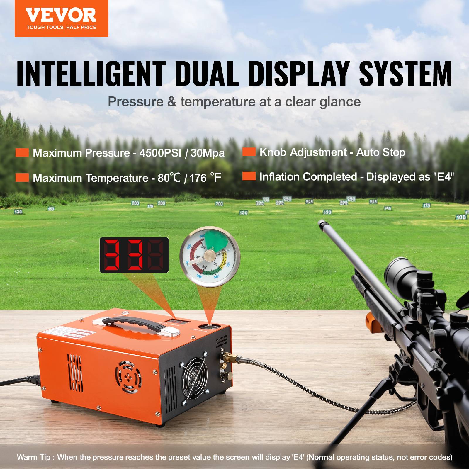 VEVOR Compresseur PCP portable 30 MPa, convertisseur intégré arrêt auto 12V/230V, sans huile. Pour pistolet a air. - Image 2