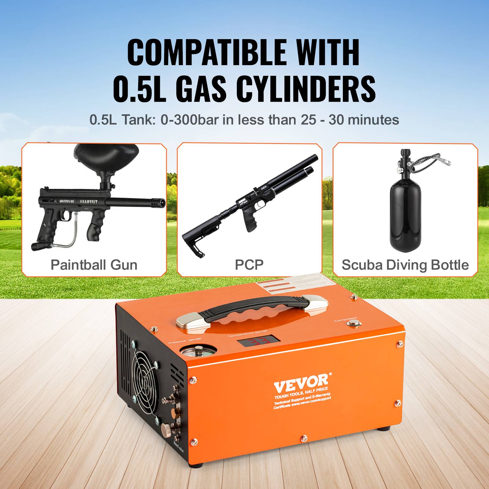 VEVOR Compresseur PCP portable 30 MPa, convertisseur intégré arrêt auto 12V/230V, sans huile. Pour pistolet a air. - Image 5